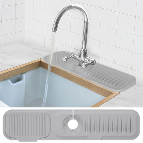 Niuoppy Silicone Draining Mat, Silicone Faucet Mat with Sink Drain Protector, Faucet Sink Splash Guard, Drip Catcher Tray for Kitchen & Bathroom Countertop (45X10CM, Grey)