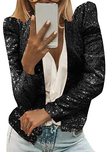 callmo Festliche Oberteile Damen Mit Taschen Glitzer Oberteile Damen Party Glitzer Oberteile Damen Langarm Glitzer Outfit Damen Glitzer Jacke Damen Pailletten Blazer Damen Party Silber Gold Schwarz