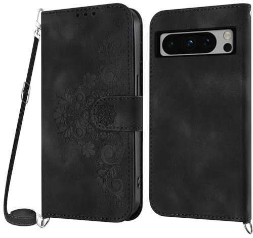 NETANY Coque pour Google Pixel 8 Pro avec Cordon, Etui pour Google Pixel 8 Pro avec Cordon Collier, Cuir Flip Portefeuille, Housse Case Etui avec [Bandoulière Réglable] Lanyard Case Cover (Noir)
