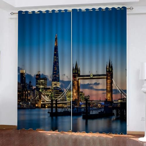 GIOVIA 3D London Gardinen Abdunkelnde Stadtansicht Kindervorhänge Vorhang mit ösen 2er Set Vorhänge Blickdicht Verdunkelungs für Kinderzimmer Schlafzimmer Wohnzimmer B 200 X H 160 cm