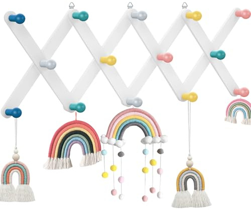 Suzile Kids Coat Rack Wall Mount Expandable Toddler Wooden Hanger Cute Coat Rack Rainbow Accordion Wall Hanger for Kids Children Hanging Backpack Bedroom Classroom Hat Clothes (Soft Color)
