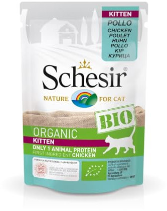 SCHESIR Bio Nassfutter für Katzen, 16 Beutel x 85 g (Hühnchen auf Paté Kitten)