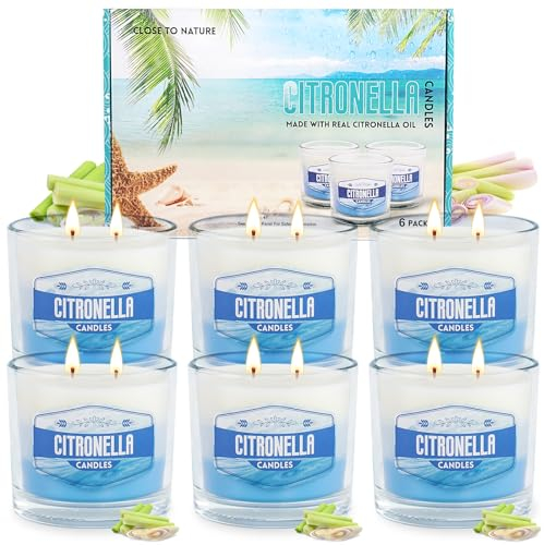 Yinuo Candle Citronella Kerze Outdoor Set, 6er-Pack (je 575 g), 300 Stunden Brenndauer, Gartenkerzen mit Weiß-zu-Blau-Verlauf in Glasbehältern, ideal für Garten, Balkon, Picknick und Camping