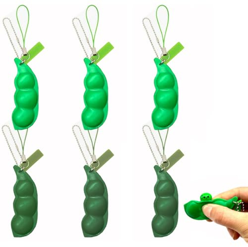 ZOKJSW Quetschbohnen Schlüsselanhänger Spaß bringendes Squishy Erbsenkapsel Stress Spielzeug Sojabohnen Anhänger-6 Stück reduziert Handykette Tasche Anhänger für Kinder
