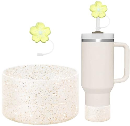 CHEMLLC Glitter Bling Silicone Boot for Stanley Cup 20 oz 30 oz 40 oz, Protector Cover for Stanley Cup Bottom, Cup Accessories Straw Cover (Bling Gold)