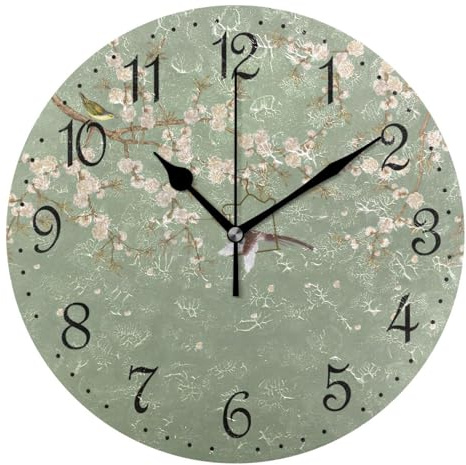 Mnsruu Wall Clock Birds Flower Green Silent Non-Ticking | Decorative Wall Clocks Battery Operated 25x25cm for Home Living Room Kitchen Bathroom Bedroom