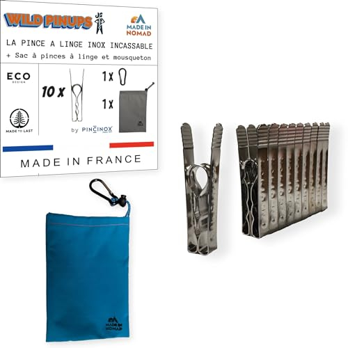 Wild PinUps:10 mollette da bucato inox Pincinox infrangibili con porta mollette bucato e moschettone. Per lavanderia, stendibiancheria, stendino, alimenti. Mollettine robuste, durature, Made in France