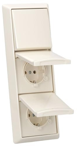 Busch-Jaeger Allwetter 44 Set: 2x SCHUKO Steckdose mit Klappdeckel 20 EUGK-32-101 IP 44 + Wippschalter-Einsatz 2000/6 US + Wippe 2106-32 + 3-fach Abdeckrahmen 2103-32, Weiß UP