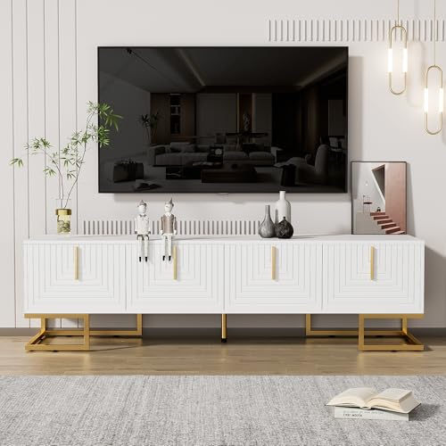 HAINEW Meuble TV bas moderne avec 4 portes à motif géométrique, 170 cm de long, avec poignées et pieds dorés, pour salon et chambre à coucher, 170 x 40 x 45,5 cm, blanc