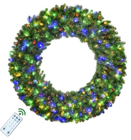 152,4 cm großer Weihnachtskranz – HOYECHI beleuchtete Kränze Urlaubsdekoration, Outdoor-Kranz mit 300 bunten LEDs, 930 PVC-Spitzen, Metallhaken, 9 Funktionen, Timer, Netzstecker, Fernbedienungen