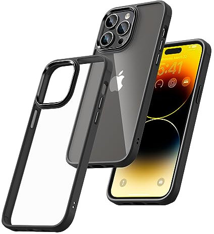 OitiYaa Designed for iPhone 14 Pro Max Case 6.7 inch, Metal Buttons and Camera Ring 360° Shockproof Drop Protection Matte Silicone Bumper Slim Clear Hard Phone Cover, Never Yellowing,Black