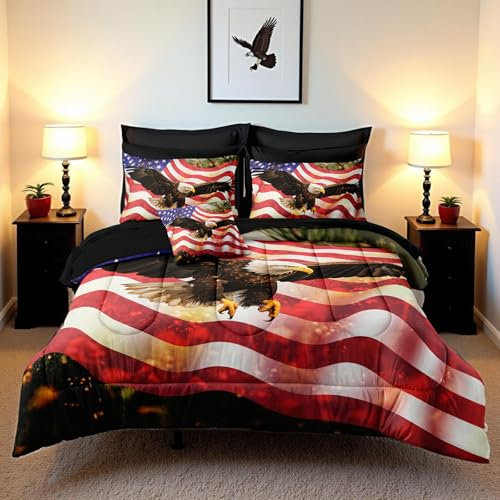 MOVE OVER 8-teiliges Bettdecken-Set mit amerikanischer Flagge, Motiv: Adler und amerikanische Flagge, Bett in einer Tasche, komplettes Retro-Bettwäsche-Set, patriotisches Tröster-Set, Wildtiere,