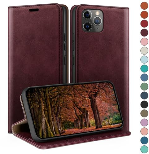 HUOUH for iPhone 11 Pro 5.8 Wallet case with RFID Blocking PU Leather,Flip Folio Book covers,Credit Card Holder Shockproof Phone case Women Men for Apple 11 Pro case Wine Red
