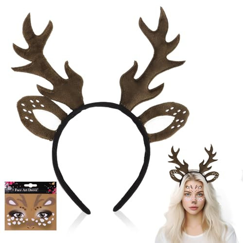 BETESSIN Reh Kostüm Damen - Rentier Geweih Haarreif mit Gesichtstattoo - Karneval Kostüm Damen - Reh Haarreif mit Ohren - Rentier Kopfschmuck für Karneval, Fasching, Fasnacht, Mottoparty uvm.