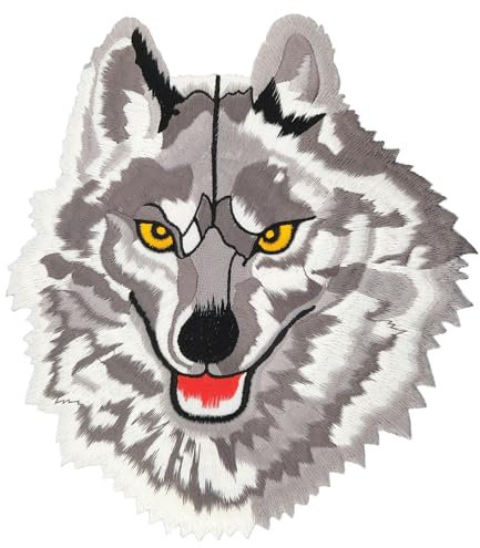 Großer Wolf Rückenpatch Grau – 20,2 x 22,5 cm – Gestickter Aufnäher für Biker, Rückenaufnäher, XXL Flicken Patch Bügelbild, Backpatch für Motorradjacken, Kutten, Lederwesten – Hochwertige Stickerei