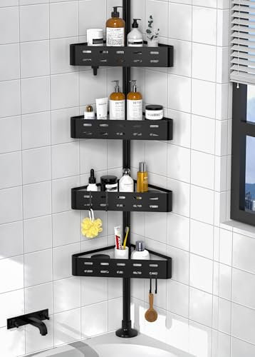 Kegii Modern Black Shower Caddy - Black Shower Corner Caddy with 4 Shelves & 4 Hooks, Telescopic Bathroom Shelf