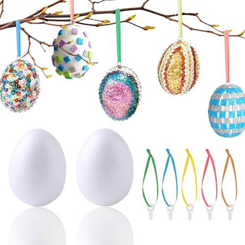 FYOJAIC 25 Ostereier aus Styropor zum Aufhängen, Ostern Basteln Set für Bemalen Beschriften und Osterdeko, DIY Pailletten-Eier Osterdekoration zum verzieren, Deko Styroporeier weiß