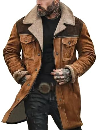 Giacca da uomo in pelle scamosciata vintage foderata in pile Sherpa caldo cappotto spesso marrone rovesciato colletto con tasche con patta giacca da camionista invernale casual occidentale in finta