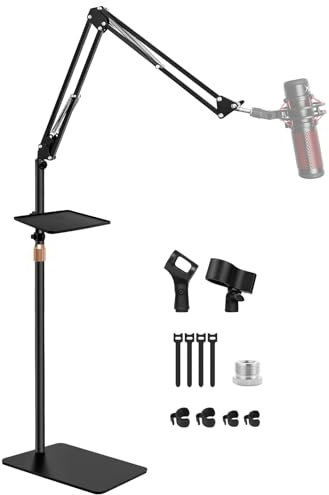 BILIONE Microphone Stand with Weighted Base, Mic Floor Stand Boom Arm with Mic Accessory Tray, Microphone Clip Holder, 3/8 to 5/8 Screw Adapter, Cable Ties