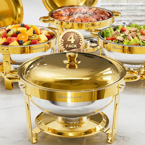 WARMOUNTS Gold Chafing Dish Buffet 4er Set 5L, Rund Speisenwärmer für Catering mit Deckel & Deckelhalter, Stapelbar Hochglanzpoliert Edelstahl Lebensmittelecht für Feiern, Hochzeit, Events