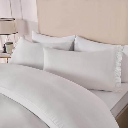 OHS Frill Double Duvet Covers, Comfort Warm Fabric White Decorative Touch Frill Edge Design Soft Microfibre Bedding Set with 2 Pillowcases, White - Double