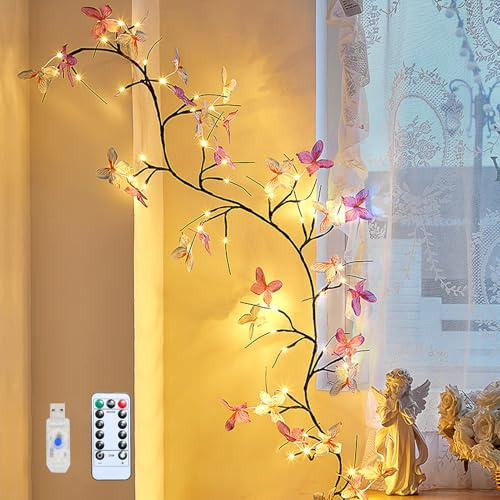 Lichterkette Innen Schmetterling, 1 Stück Weidenranken Lichterkette mit 36 LED Licht, 8 Modi Frühlingsdeko Lichterketten mit Fernbedienung, Lichterkette Frühling für Innenberei Hochzeit Party (Bunt)