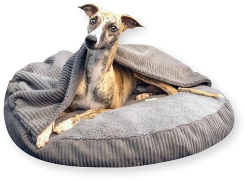 4L Textil Vigo Hundebett mit Kapuze Hundehöhle Hundedecke Hundekorb mit Kapuze Hundeschlafsack Hundekörbchen Cord Hundekissen mittelgroße Hunde mit Decke (Grau, L 90 x B 90 x H 12 cm)