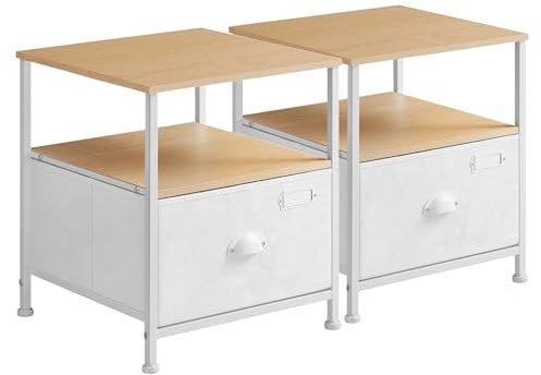 SONGMICS Nachttisch, Nachtkommode, 2er Set, Beistelltisch, zur Aufbewahrung, mit Schublade, 2 Ablagen, modern, für Wohnzimmer, Schlafzimmer, eichenbeige-wolkenweiß