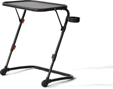 HOMYIN Adjustable TV Tray Table – 53x37.5x48.8-70.5cm, Lightweight PP Top & Steel Frame – Foldable Snack Table with Cup Holder for Sofa, Bed, Floor Use – 4 Height & 3 Angle Settings