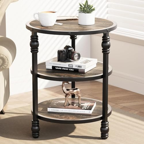 OPULENTHOME Runder Beistelltisch,Couchtisch mit 3 Ablagen,Klein Sofatisch für Wohnzimmer, Schlafzimmer, Verstärkter Stahlrahmen, Industrieller Stil, 46x46x60cm Eiche Dunkel