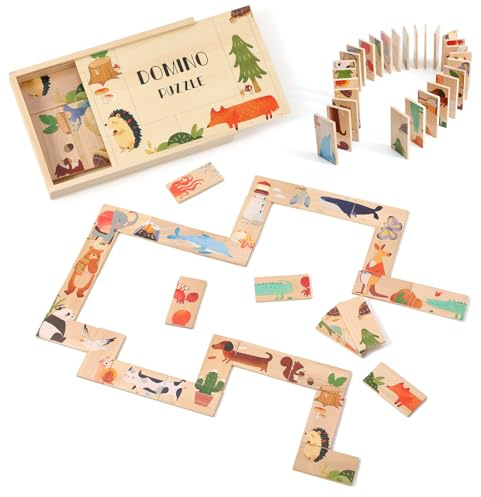 OESSUF 28pc Kinder hölzerne Tier Puzzle Stacking Blocks Domino Set mit Aufbewahrungsbox Montessori Spielzeug für 3+ Jahre pädagogische Puzzle Spiel Kinder Geburtstag Geschenk