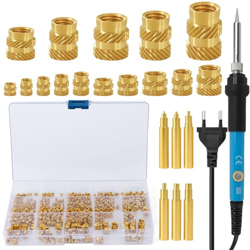 257 Stück Gewindeeinsätze Lötspitzen Set, 60W Einstellbar Temperatur Lötkolben mit 250Pcs Gewindeeinsätze Messing Einschmelzgewinde M2 M2.5 M3 M4 M5 M6, 6Pcs Lötkolben Einschmelzhilfe