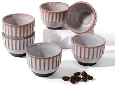 ZEBERBO Set di 6 tazzine da caffè in ceramica, piccole tazze da caffè Demitasse, per espresso, a righe verticali, set di 6 (grigio forno superiore e inferiore marrone scuro)
