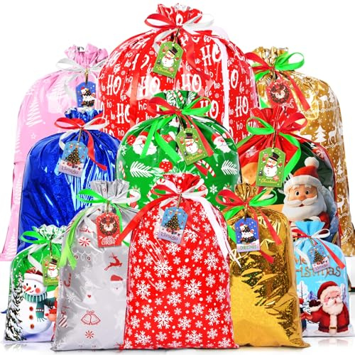AhfuLife 16 Stück Weihnachten Geschenkbeutel mit Kordelzug, 11 Designs Weihnachtsgeschenkbeutel 5 Größen mit Geschenkanhänger Weihnachten für Schnell Weihnachtsgeschenke Verpacken