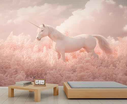 GIVLWF Tapete – Pink Girl Home Decor & großes Wandbild, romantische weiße Pferdetapete für Wohnzimmer, Schlafzimmer, Wandtapete, nicht selbstklebende Wandbild, rosa und weiße Wolken