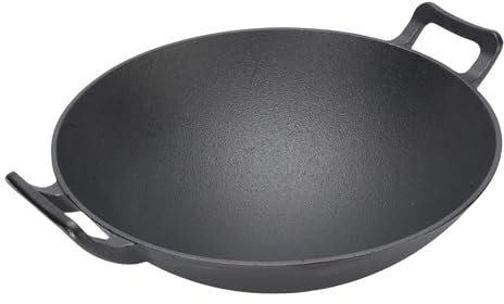 Kikumi Wok in Ghisa Liscia e Versatile, 32 Cm, Pentola a Doppia a Orecchie per Cappa per la Stufa a Gas e la Pentola a Induzione