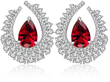 Homxi Ohrringe Hochzeit Weißgold 9K / 14K / 18Karat Damen, Wassertropfen mit Erstellter Rubin und Moissanit, Damen Hochzeit Ohrringe Silber Rot