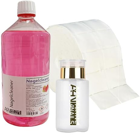 aktive4Nails Nagel Cleaner Set 1000ml + Dispenser Pumpflasche Gold Edition 160ml + 500 Zelletten Cellulose Pads 70% Isopropanol - Alkohol – Nagelreiniger (Basic Red)