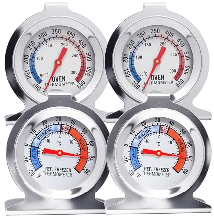 METACHOICE Lot de 4 thermomètres, 2 jauges de four et 2 jauges de réfrigérateur congélateur, grand cadran en acier inoxydable pour la cuisine et la friteuse à air