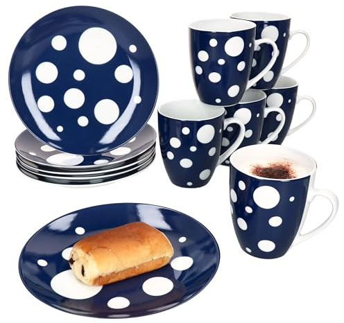 MamboCat Pula blau 12tlg Frühstücksset I je 6X Gepunktete Kuchenteller & Kaffeebecher 300 ml aus Porzellan I 6 Personen I blaues Punkte-Dekor I für Frühstück & Kaffee