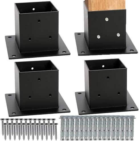 4Pack 4 x 4 Post Base, Inner Size 100mm x 100mm, Black Powder-Coated Deck Post Anchor, Heavy Duty Fence Post Support for Deck, Porch, Railing, Mailbox & Garden Pergola