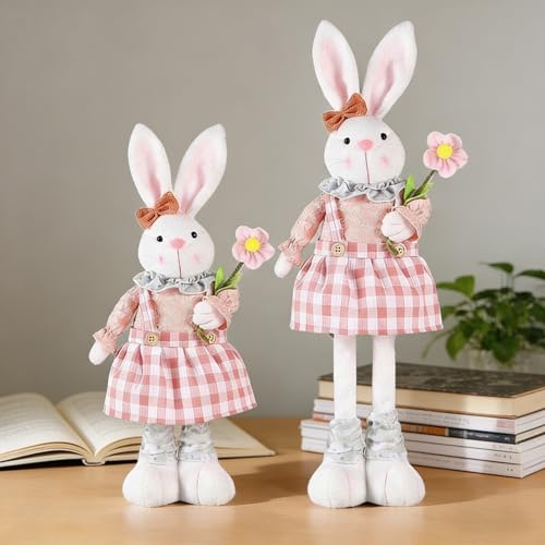 Generisch 1 Stück Osterhasen Figuren Groß,Osterhase Mit Ausziehbaren Beinen,Ostern Deko Hase Plüsch Mit Teleskopbeinen,Osterhasen Figuren Für Tisch Zuhause Wohnzimmer (PINK)