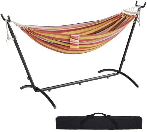 Mondeer Hamac avec Support pour 1-2 Personnes sur Pied Portable (Rouge) | Bohème Hamac avec Cadre Robuste Réglable, Charge Maximale 270kg, Adapté Terrasses Extérieures, Patios Jardins