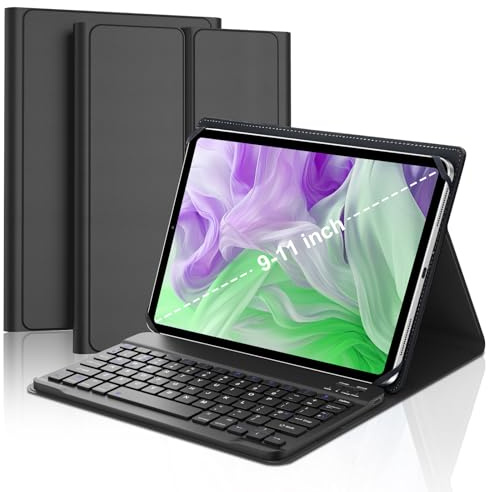 Universal Keyboard Case for 9, 10 11 tablet, Magnetically Detachable Wireless UK Keyboard, Smart Stand Folio Cover with Pencil Holder for All 9-11 inch tablet, Black