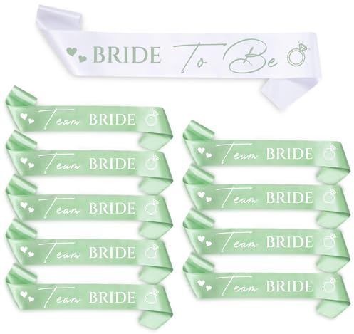 YSUVIN Deko Schärpe Set, 10 Stück Junggesellenabschied schärpe mit Bride to Be und Team Bride Schärpe, JGA Accessoires Frauen für Hochzeit, Bachelorette, Brautparty, Brautaccessoires(Weiß&Salbei Grün)