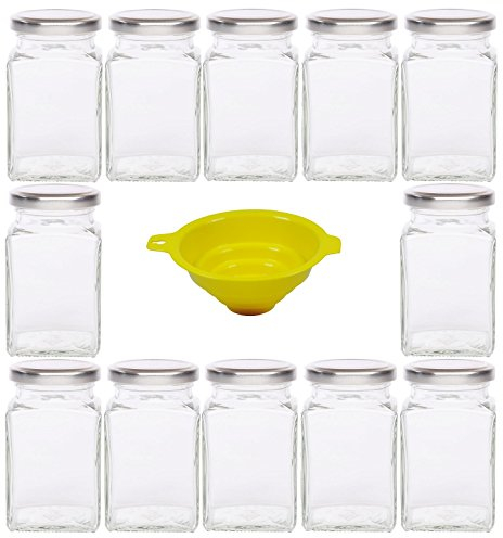 12 kleine, eckige Einmachgläser Marmeladengläser Vorratsdosen Gewürzgläser mit Drehverschluss 260ml mit silbernem Deckel, inkl. einem Einfülltrichter
