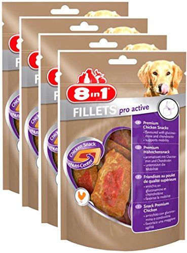 8in1 Fillets Pro Active Hunde-Snack mit Hähnchen, funktionale Leckerlis für Hunde, unterstützt die Mobilität, 4 x 80 g Beutel