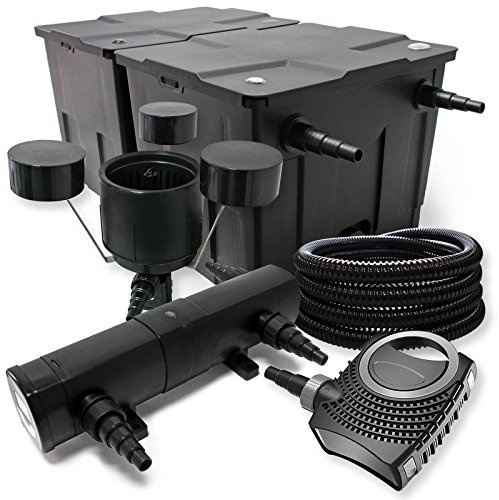Wiltec Komplettset: CBF-350B Teichfilter bis 60000 L Teichfilteranlage Durchlauffilter, NEO10000 Teichpumpe 10000l/h 80W, CUV-236 Teichklärer 36W, 25m Teichschlauch 25 mm, CSP-250 Skimmer 2500l/h 45W
