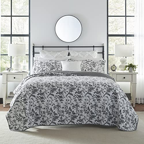 Laura Ashley - Queen Quilt Set, Soft Cotton Bedding with Reversible Design, Medium Weight for Year Round Use, 3 Piece Bed Set with Matching Pillowcases (Amberley Black/White)