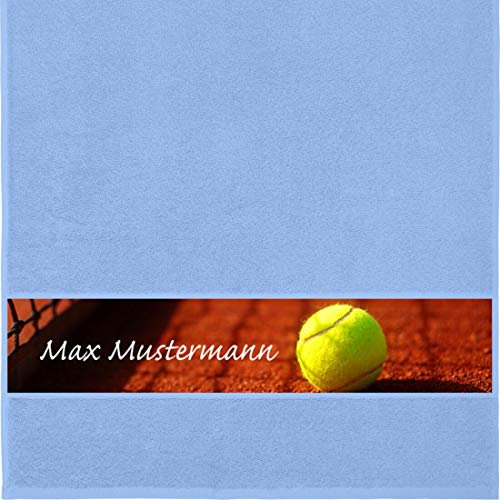 Manutextur Handtuch Mit Namen - Personalisiert - Motiv Sport Tennis - Viele Farben - Dusch-Handtuch - Hellblau - Größe 50x100 cm - Persönliches Geschenk Mit Wunsch-Motiv und Wunsch-Name